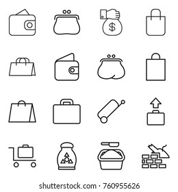 Thin line icon set : wallet, purse, money gift, shopping bag, suitcase, baggage, trolley, fertilizer, washing powder, construct garbage