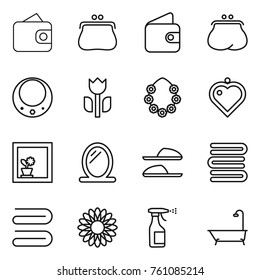 Thin line icon set : wallet, purse, necklace, perishable, hawaiian wreath, heart pendant, flower in window, mirror, slippers, towels, towel, sprayer, bath