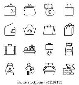 Thin line icon set : wallet, purse, money gift, shopping bag, add to basket, suitcase, baggage checking, get, flour, fertilizer, trash, washing powder, construct garbage