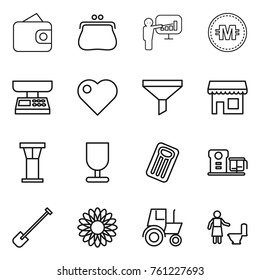 Thin line icon set : wallet, purse, presentation, crypto currency, market scales, heart, funnel, shop, airport tower, fragile, inflatable mattress, food processor, shovel, flower, tractor