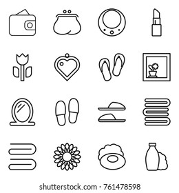 Thin line icon set : wallet, purse, necklace, lipstick, perishable, heart pendant, flip flops, flower in window, mirror, slippers, towels, towel, soap, shampoo