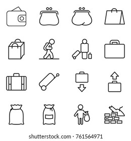Thin line icon set : wallet, purse, shopping bag, tourist, passenger, suitcase, baggage get, flour, trash, construct garbage