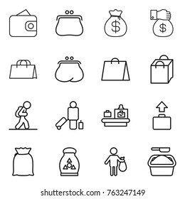 Thin line icon set : wallet, purse, money bag, gift, shopping, tourist, passenger, baggage checking, flour, fertilizer, trash, washing powder