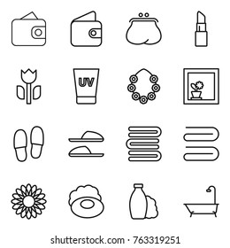 Thin line icon set : wallet, purse, lipstick, perishable, uv cream, hawaiian wreath, flower in window, slippers, towels, towel, soap, shampoo, bath