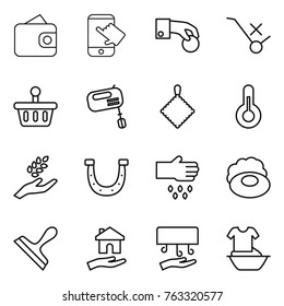 Thin line icon set : wallet, touch, hand coin, do not trolley sign, basket, mixer, rag, thermometer, harvest, horseshoe, sow, soap, scraper, housing, dryer, hand washing