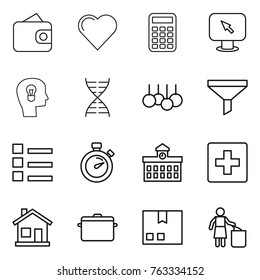 Thin line icon set : wallet, heart, calculator, monitor arrow, bulb head, dna, sale, funnel, list, stopwatch, university, first aid, home, pan, package, garbage bin
