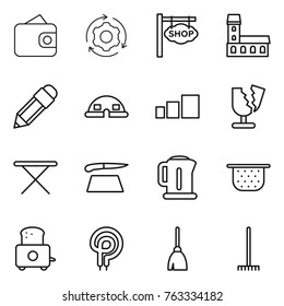 Thin line icon set : wallet, around gear, shop signboard, mansion, pencil, dome house, sorting, broken, iron board, cutting, kettle, colander, toaster, elecric oven, broom, rake