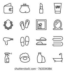 Thin line icon set : wallet, purse, lipstick, uv cream, hawaiian wreath, flip flops, flower in window, mirror, hair dryer, slippers, towel, sprayer, soap, shampoo, bath