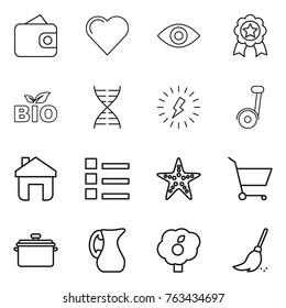 Thin line icon set : wallet, heart, eye, medal, bio, dna, lightning, segway, home, list, starfish, cart, pan, jug, garden, broom