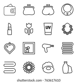 Thin line icon set : wallet, purse, necklace, lipstick, perishable, uv cream, hawaiian wreath, heart pendant, flower in window, hair dryer, towels, towel, soap, shampoo