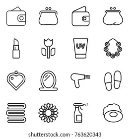 Thin line icon set : wallet, purse, lipstick, perishable, uv cream, hawaiian wreath, heart pendant, mirror, hair dryer, slippers, towels, flower, sprayer, soap