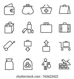 Thin line icon set : wallet, purse, add to basket, shopping bag, passenger, suitcase, baggage get, trolley, flour, garbage, trash, construct