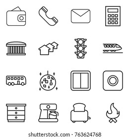 Thin line icon set : wallet, phone, mail, calculator, airport building, houses, traffic light, train, bus, disco ball, power switch, ring button, chest of drawers, coffee maker, toaster, fire