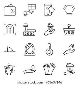 Thin line icon set : wallet, gift, touch, hex molecule, fingerprint, mansion, real estate, basket, shark flipper, mirror, thermometer, hand leaf, wiping, and drop, gloves, housing