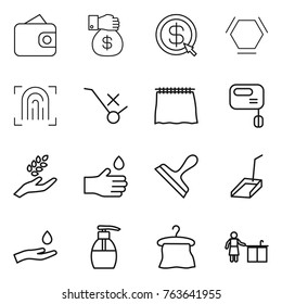 Thin line icon set : wallet, money gift, dollar arrow, hex molecule, fingerprint, do not trolley sign, curtain, mixer, harvest, hand drop, scraper, scoop, and, liquid soap, hanger, kitchen cleaning