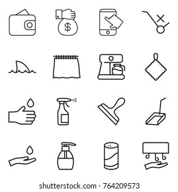 Thin line icon set : wallet, money gift, touch, do not trolley sign, shark flipper, curtain, coffee maker, rag, hand drop, sprayer, scraper, scoop, and, liquid soap, cleanser powder, dryer