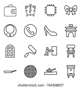 Thin line icon set : wallet, alarm clock, chip, bow, necklace, phone, shoes, arch, window, repair, courier delivery, chair, pan, sieve, soil cutter, hive