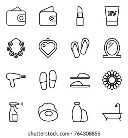Thin line icon set : wallet, lipstick, uv cream, hawaiian wreath, heart pendant, flip flops, mirror, hair dryer, slippers, flower, sprayer, soap, shampoo, bath
