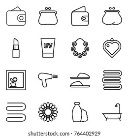 Thin line icon set : wallet, purse, lipstick, uv cream, hawaiian wreath, heart pendant, flower in window, hair dryer, slippers, towels, towel, shampoo, bath