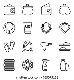 Thin line icon set : wallet, purse, necklace, uv cream, hawaiian wreath, heart pendant, flip flops, mirror, hair dryer, slippers, towels, flower, sprayer, shampoo