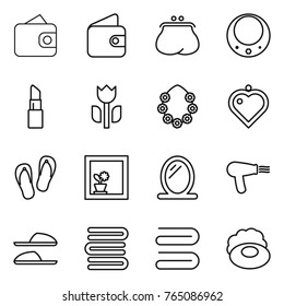 Thin line icon set : wallet, purse, necklace, lipstick, perishable, hawaiian wreath, heart pendant, flip flops, flower in window, mirror, hair dryer, slippers, towels, towel, soap