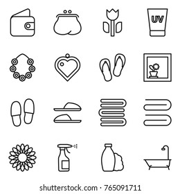 Thin line icon set : wallet, purse, perishable, uv cream, hawaiian wreath, heart pendant, flip flops, flower in window, slippers, towels, towel, sprayer, shampoo, bath