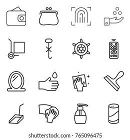 Thin line icon set : wallet, purse, fingerprint, chemical industry, cargo stoller, do not hook sign, handwheel, remote control, mirror, hand drop, wiping, scraper, scoop, liquid soap