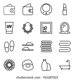 Thin line icon set : wallet, necklace, lipstick, uv cream, hawaiian wreath, flower in window, mirror, slippers, towels, towel, soap, shampoo, bath