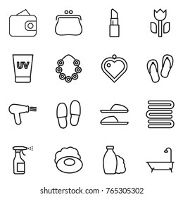 Thin line icon set : wallet, purse, lipstick, perishable, uv cream, hawaiian wreath, heart pendant, flip flops, hair dryer, slippers, towels, sprayer, soap, shampoo, bath