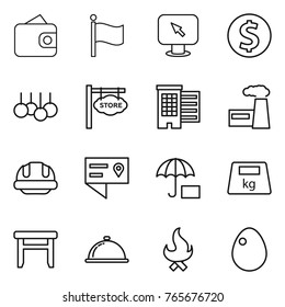 Thin line icon set : wallet, flag, monitor arrow, dollar coin, sale, store signboard, houses, factory, building helmet, location details, insurance, heavy, stool, meal cap, fire, egg