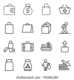 Thin line icon set : wallet, money bag, shopping, add to basket, tourist, passenger, suitcase, baggage checking, flour, fertilizer, trash, construct garbage