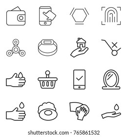 Thin line icon set : wallet, touch, hex molecule, fingerprint, spinner, smart bracelet, real estate, do not trolley sign, acid, basket, mobile checking, mirror, hand drop, soap, wiping, and