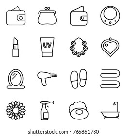 Thin line icon set : wallet, purse, necklace, lipstick, uv cream, hawaiian wreath, heart pendant, mirror, hair dryer, slippers, towel, flower, sprayer, soap, bath