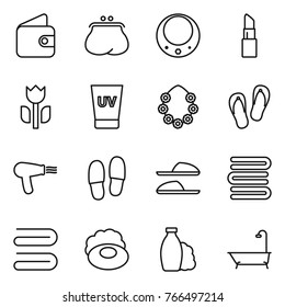 Thin line icon set : wallet, purse, necklace, lipstick, perishable, uv cream, hawaiian wreath, flip flops, hair dryer, slippers, towels, towel, soap, shampoo, bath