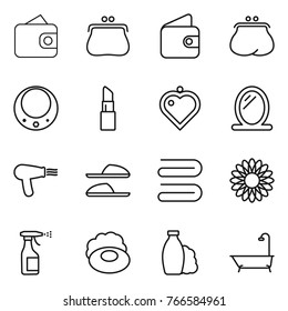 Thin line icon set : wallet, purse, necklace, lipstick, heart pendant, mirror, hair dryer, slippers, towel, flower, sprayer, soap, shampoo, bath