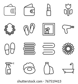 Thin line icon set : wallet, lipstick, perishable, hawaiian wreath, flip flops, flower in window, hair dryer, slippers, towels, towel, sprayer, soap, shampoo, bath