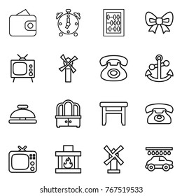 Thin line icon set : wallet, alarm clock, abacus, bow, tv, windmill, phone, anchor, service bell, dresser, stool, fireplace, car wash