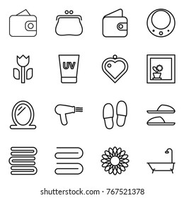 Thin line icon set : wallet, purse, necklace, perishable, uv cream, heart pendant, flower in window, mirror, hair dryer, slippers, towels, towel, bath