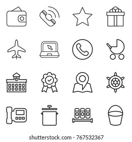 Thin line icon set : wallet, call, star, gift, plane, notebook, phone, baby stroller, university, medal, map, handwheel, intercome, pan, spices, bucket