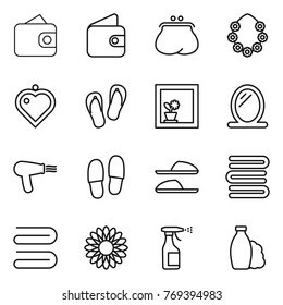 Thin line icon set : wallet, purse, hawaiian wreath, heart pendant, flip flops, flower in window, mirror, hair dryer, slippers, towels, towel, sprayer, shampoo