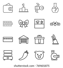 Thin line icon set : wallet, pedestal, satellite, round flask, battery, bow, tools, drawbridge, bunker, garage, hi quality package, knife holder, double boiler, hot pepper, pig, water pump