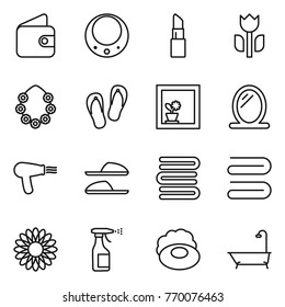 Thin line icon set : wallet, necklace, lipstick, perishable, hawaiian wreath, flip flops, flower in window, mirror, hair dryer, slippers, towels, towel, sprayer, soap, bath