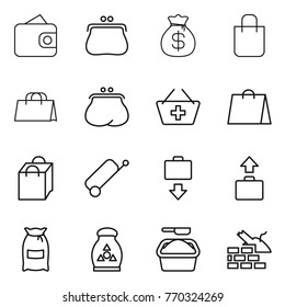 Thin line icon set : wallet, purse, money bag, shopping, add to basket, suitcase, baggage get, flour, fertilizer, washing powder, construct garbage