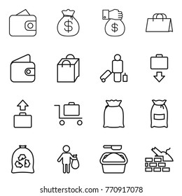 Thin line icon set : wallet, money bag, gift, shopping, passenger, baggage get, trolley, flour, garbage, trash, washing powder, construct