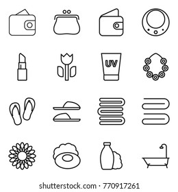 Thin line icon set : wallet, purse, necklace, lipstick, perishable, uv cream, hawaiian wreath, flip flops, slippers, towels, towel, flower, soap, shampoo, bath