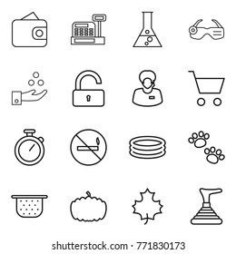 Thin line icon set : wallet, cashbox, flask, smart glasses, chemical industry, unlock, support manager, cart, stopwatch, no smoking, inflatable pool, pets, colander, pumpkin, maple leaf, plunger