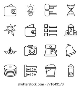 Thin line icon set : wallet, bulb, diagram, dna, bang, list, mansion, plane, camera, coffee maker, bell, pancakes, watering, foam bucket, do not distrub