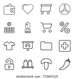 Thin line icon set : wallet, heart, delivery, diagram, sun power, crystall memory, cart, percent, t shirt, presentation, documents, first aid, unlocked, salt pepper, mushroom, hot