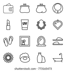 Thin line icon set : wallet, purse, necklace, lipstick, uv cream, hawaiian wreath, heart pendant, flip flops, flower in window, mirror, slippers, soap, shampoo, bath