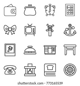Thin line icon set : wallet, purse, alarm clock, abacus, bow, tv, windmill, anchor, photo, service bell, wardrobe, stool, phone, fireplace, cooking book, wheel